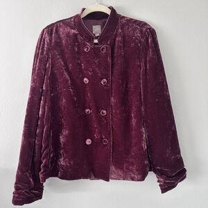 J Jill Pea Jacket Womens Size (L) Winterberry Velvet Silk Button Front Burgundy